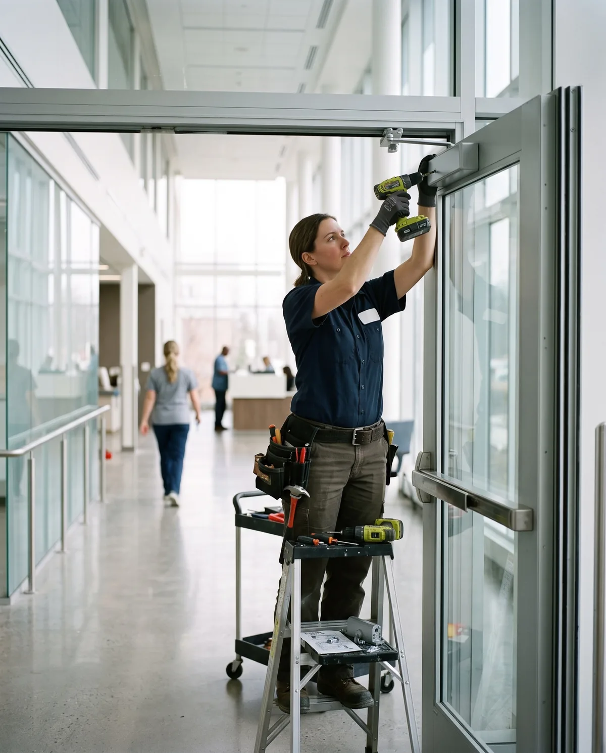 Installer fitting a door closer and panic device on a hospital corridor door
