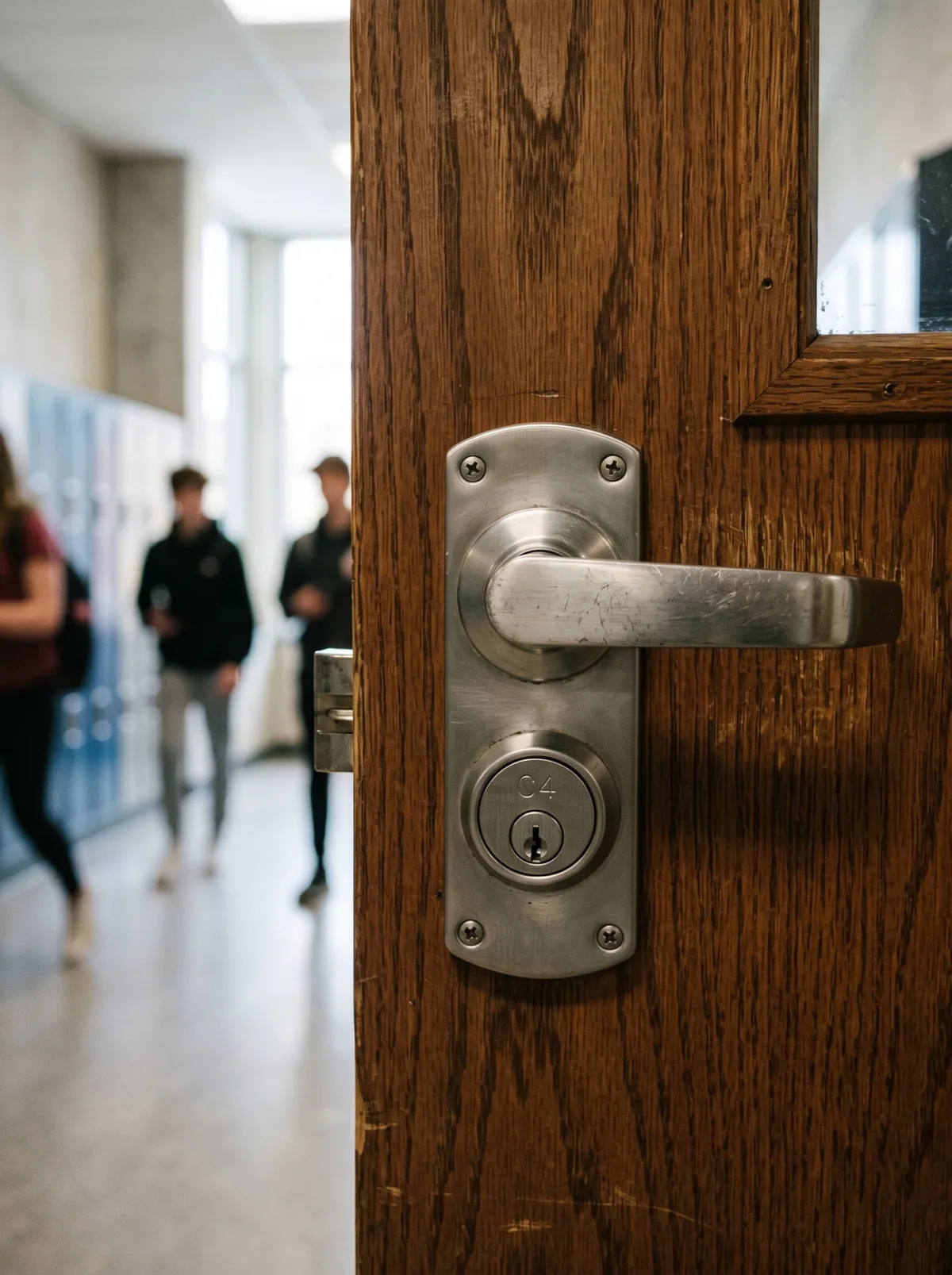 Satin stainless commercial lever and mortise lock on a school fire door