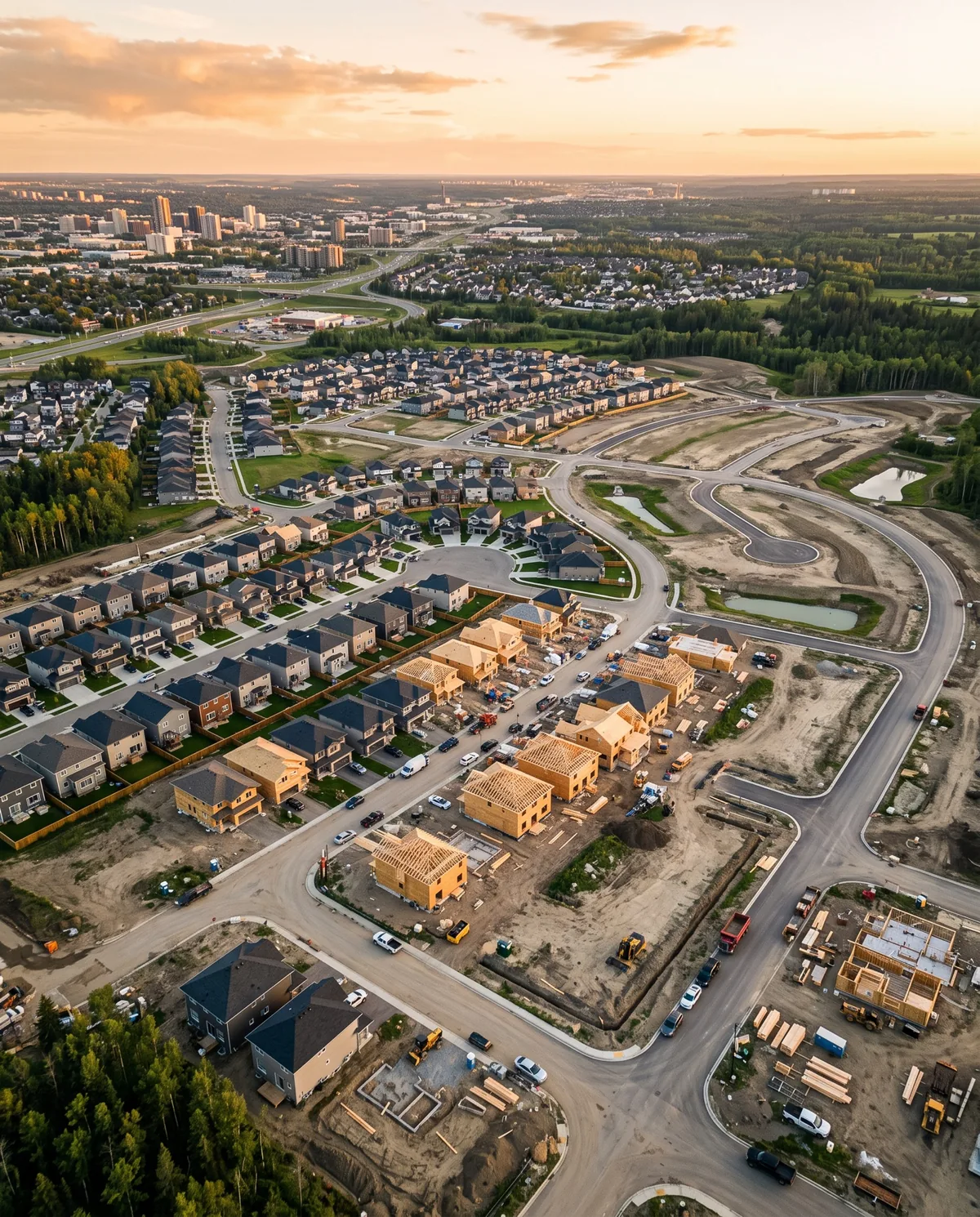 Aerial view of a new subdivision under construction at the edge of a Canadian city