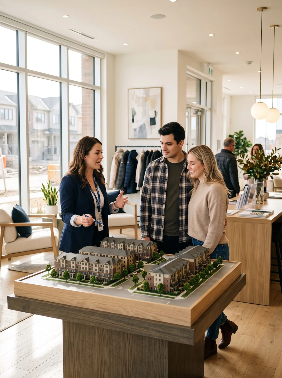 New-home sales centre with a community scale model and a couple with a sales representative