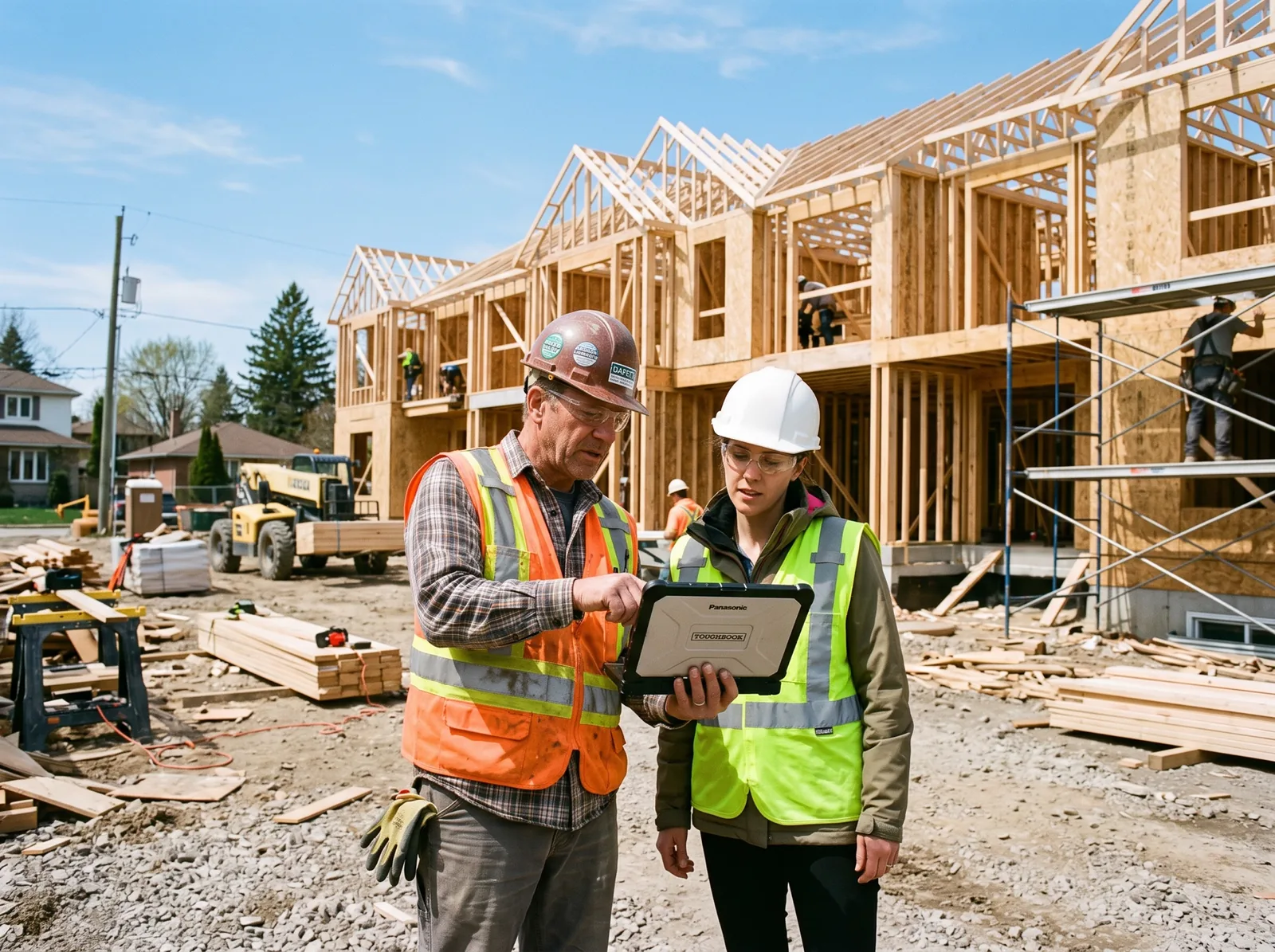 Builder and site superintendent reviewing a tablet in front of wood-frame townhomes