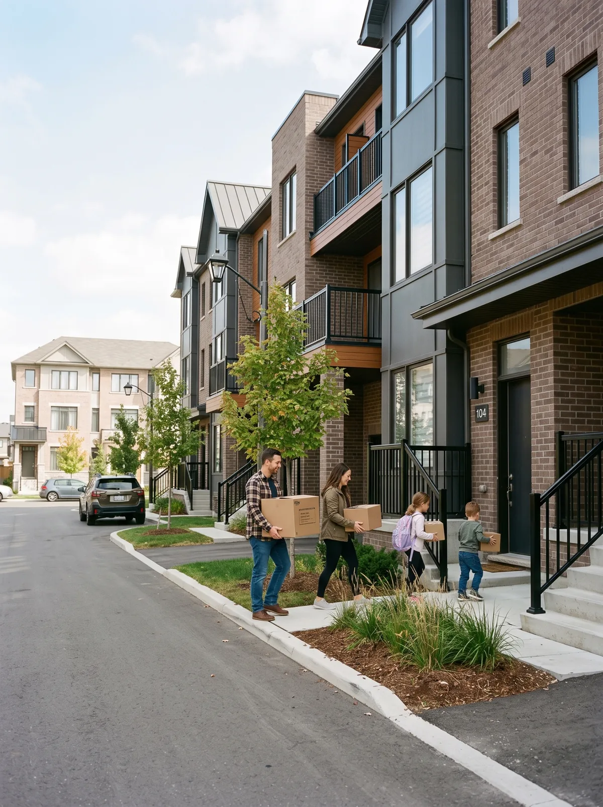 Finished townhome streetscape with a family moving in