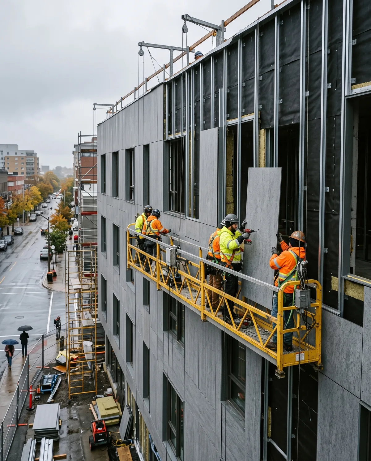 Rainscreen cladding panels being installed on a mid-rise facade