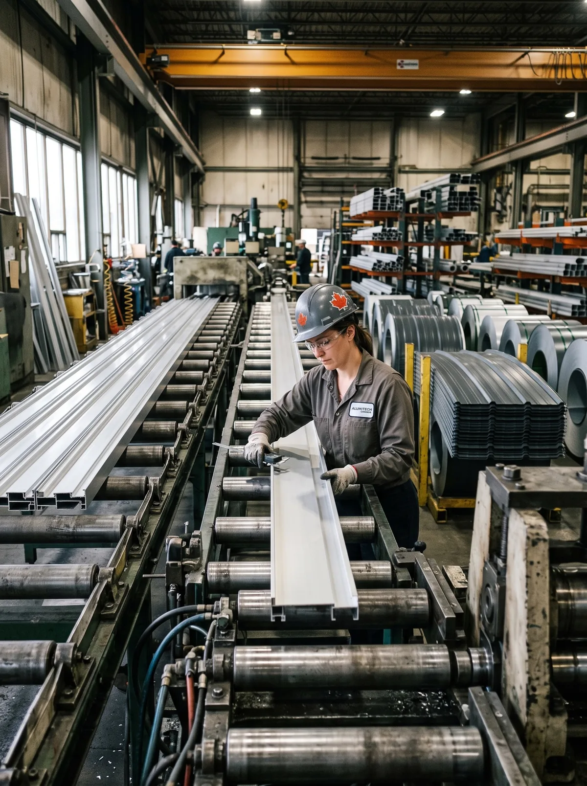 Building product manufacturing line with metal cladding panels being inspected