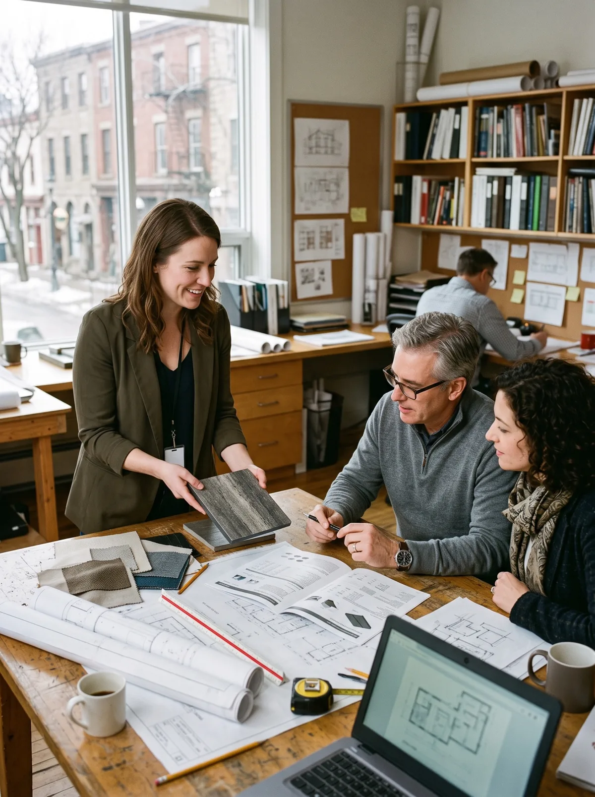 Technical sales representative presenting a product sample and data sheet to architects