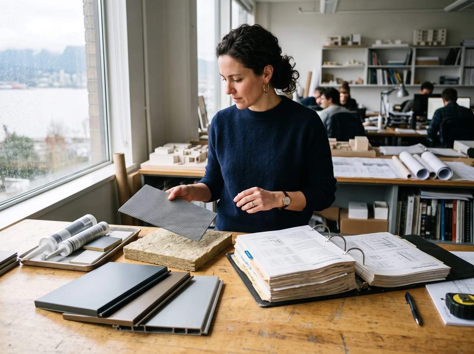 Architect reviewing cladding samples and a specification binder