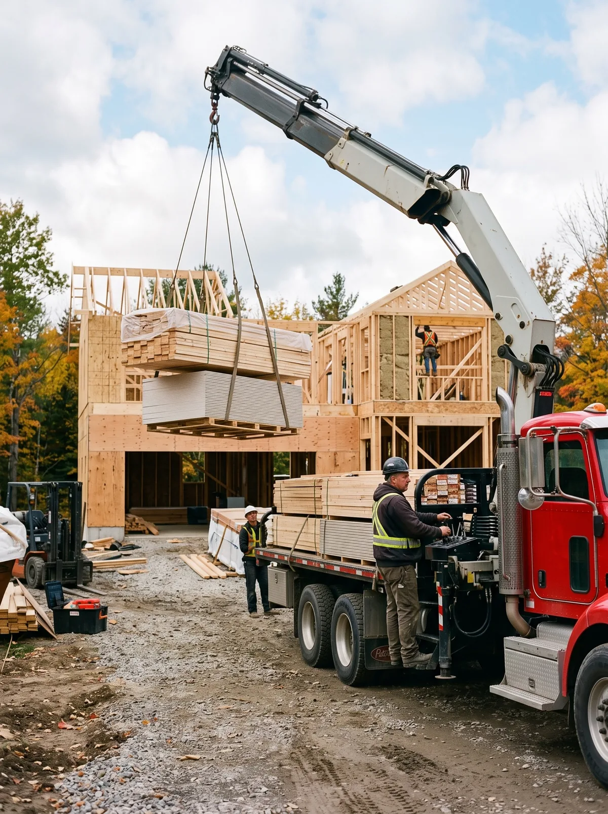 Boom truck delivering lumber and drywall to a residential job site