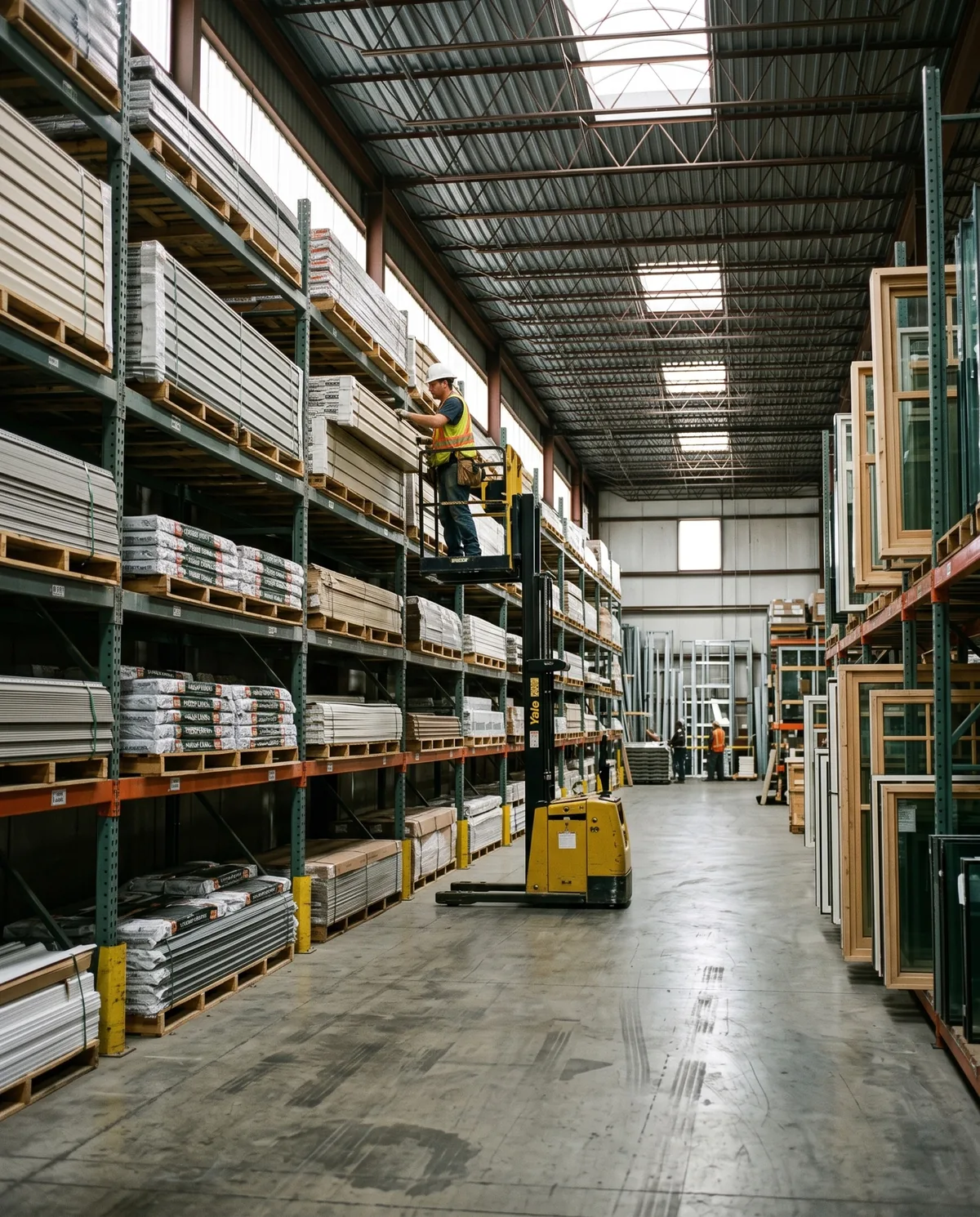 Interior of a building products warehouse with racking and an order picker