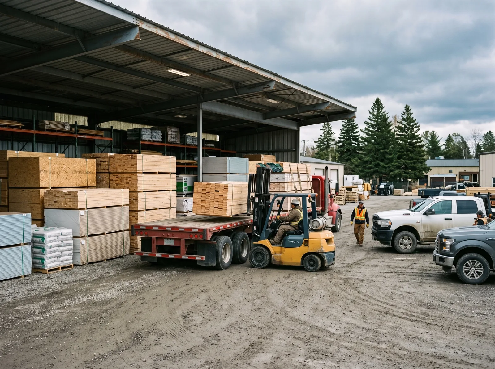 Building material yard with a forklift moving lumber to a flatbed