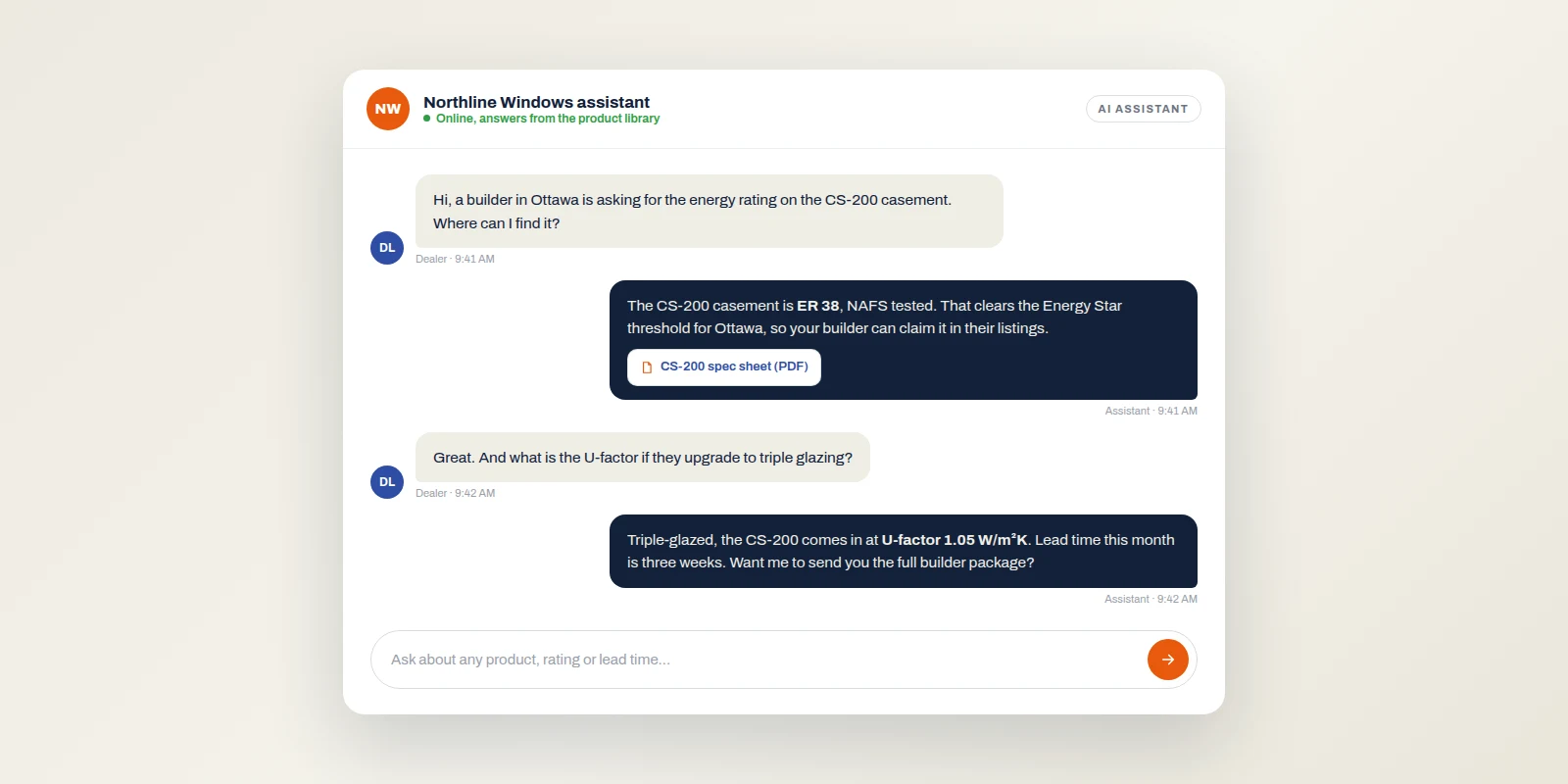 A customer chatting with a building product brand's AI assistant about specifications