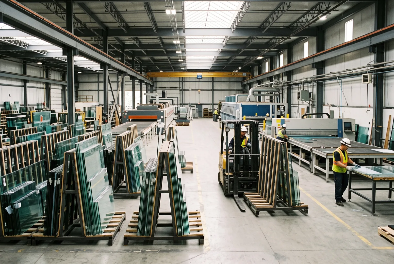 Glass fabrication plant with lites on A-frame racks and skids