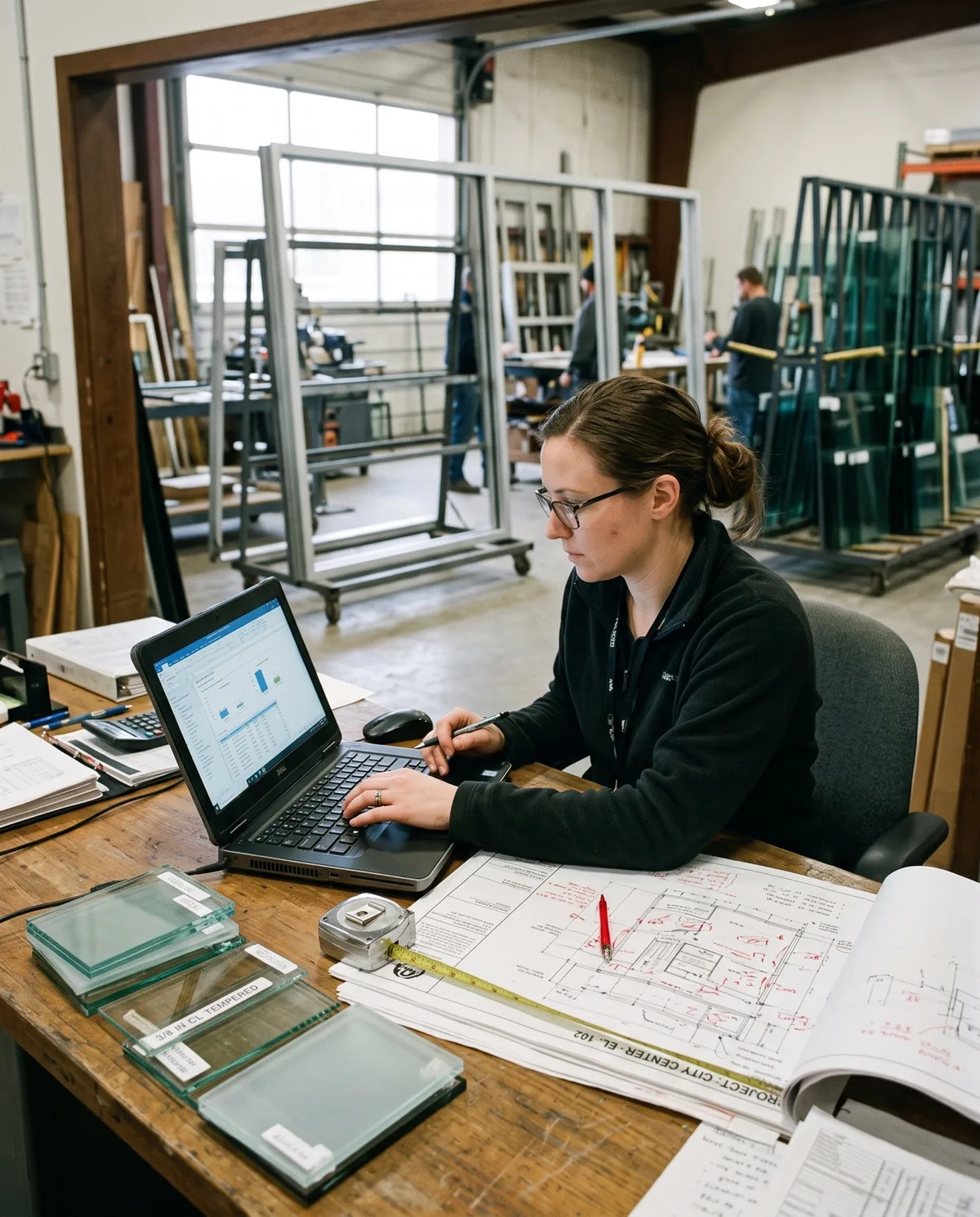 Estimator at a glazing contractor's desk reviewing a fabricator quote