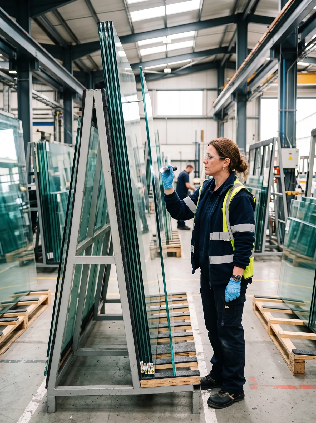 Technician inspecting the edge of a tempered glass lite on an A-frame rack