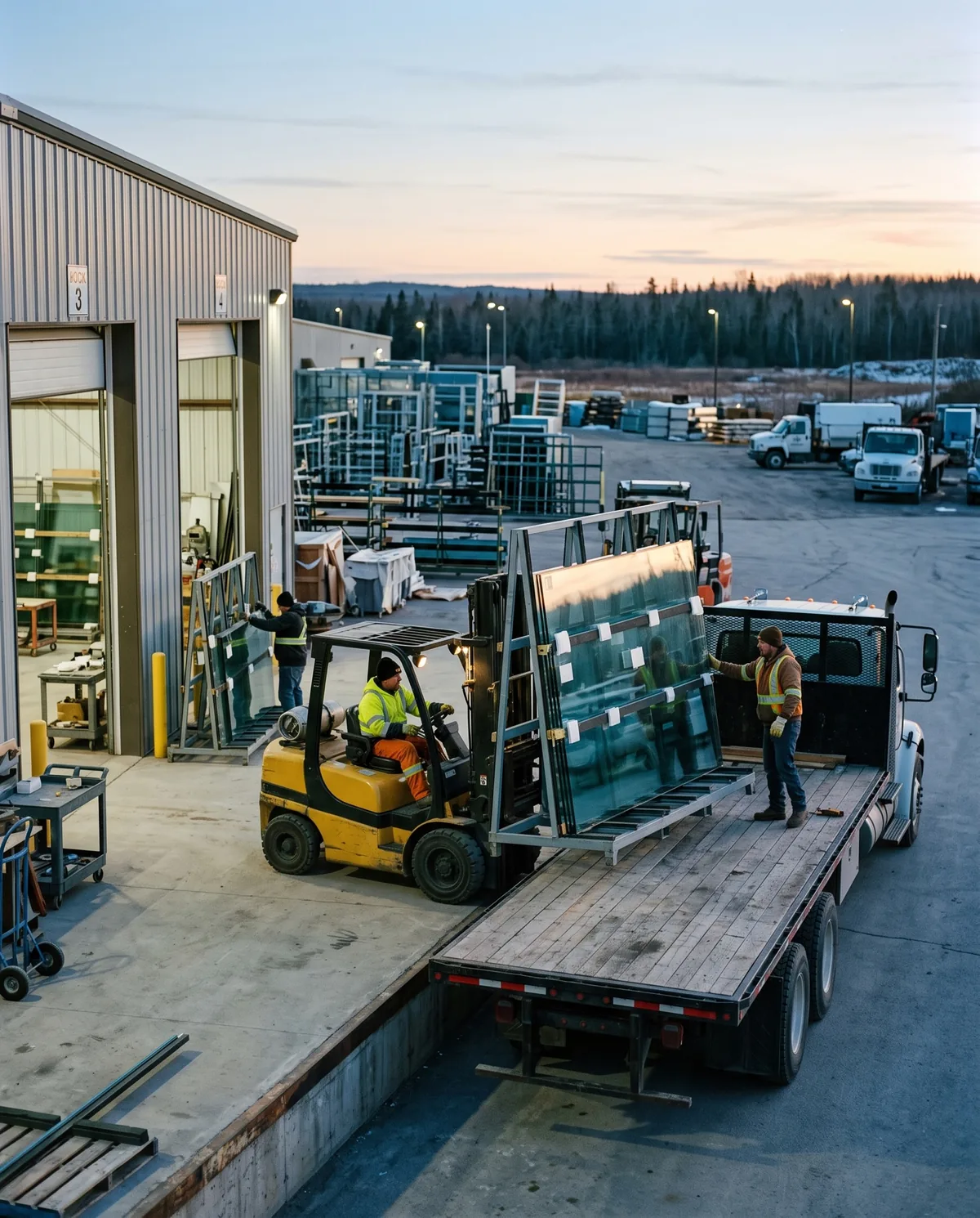 Racks of fabricated glass loaded onto a delivery truck at a fabricator's dock