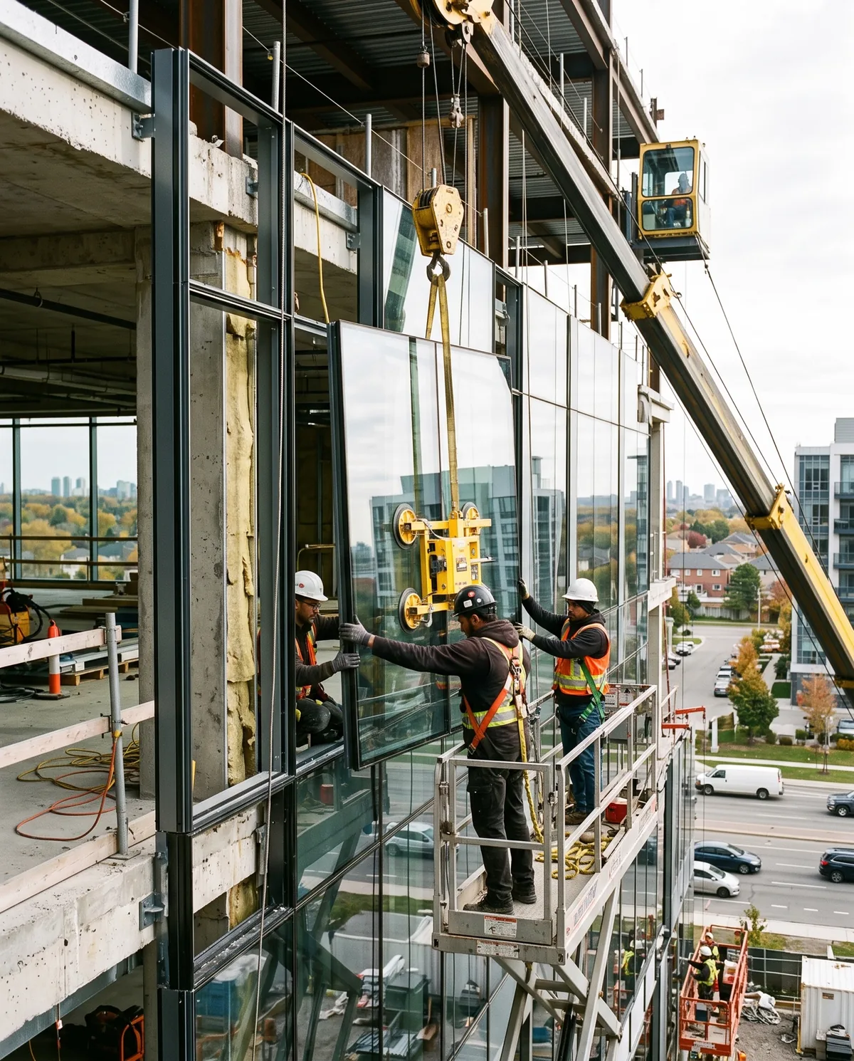 Glaziers installing curtain wall panels on a commercial frame