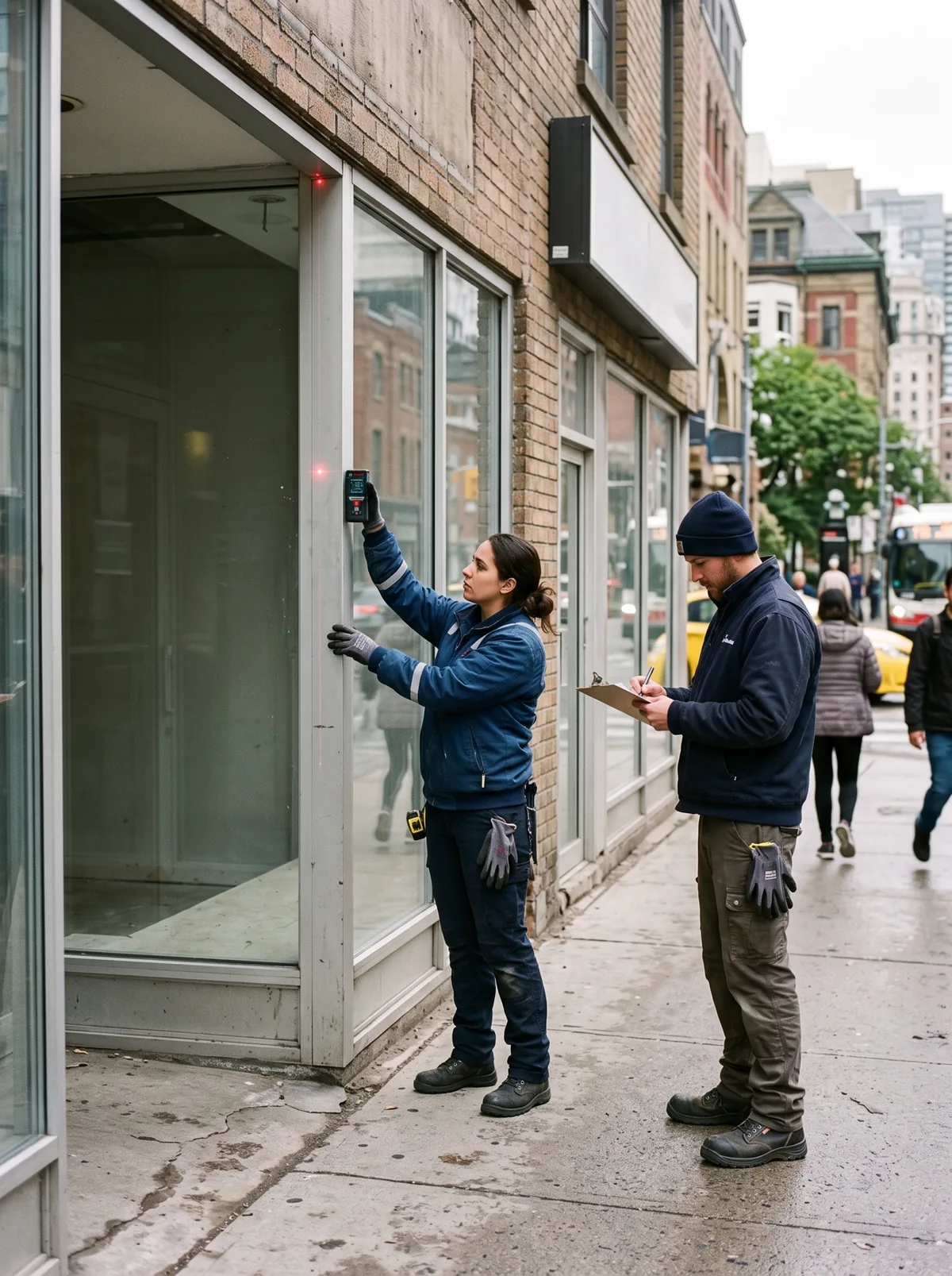 Glass company team measuring a commercial storefront opening