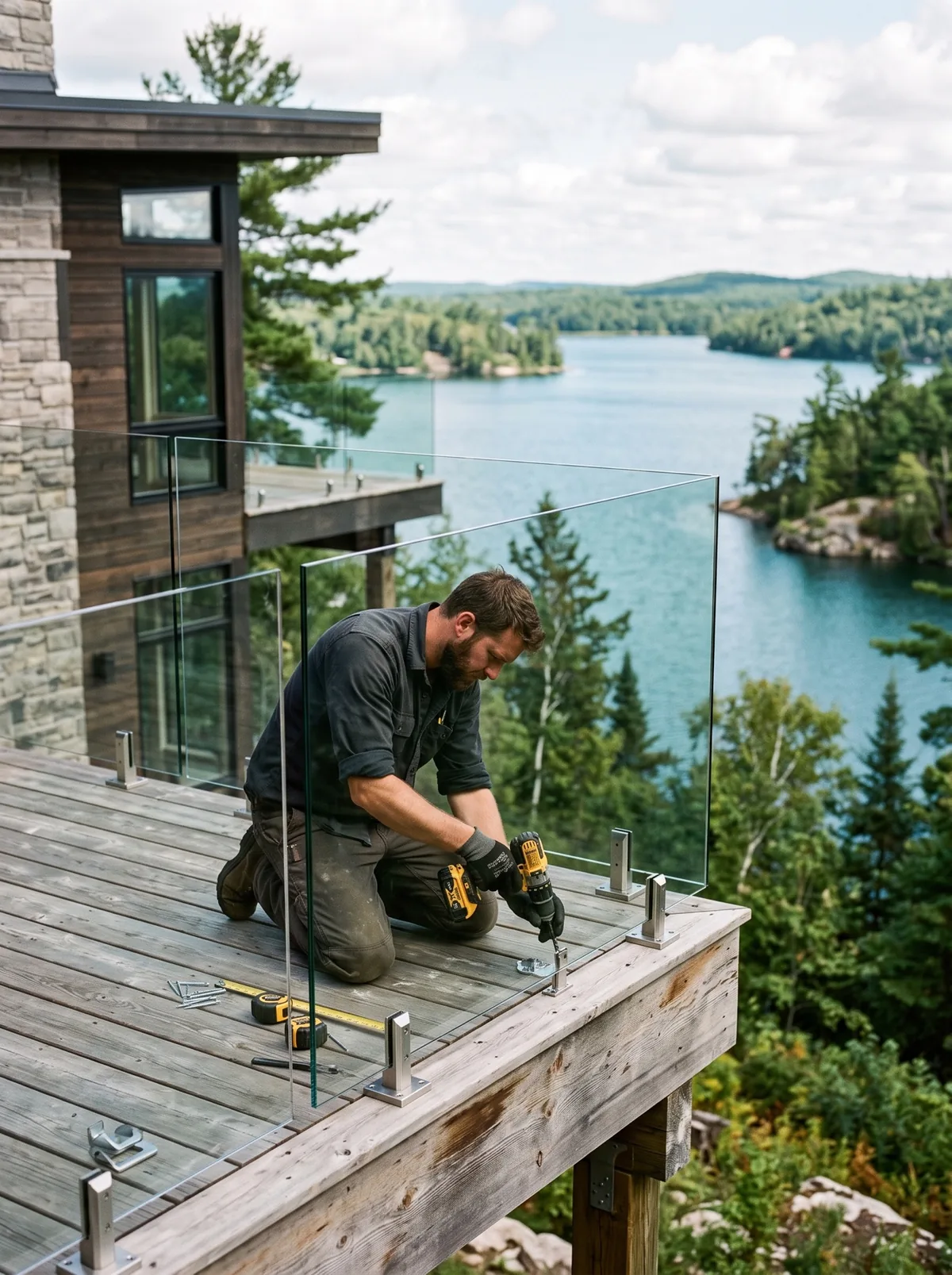 Frameless glass railing being installed on a lakeside deck