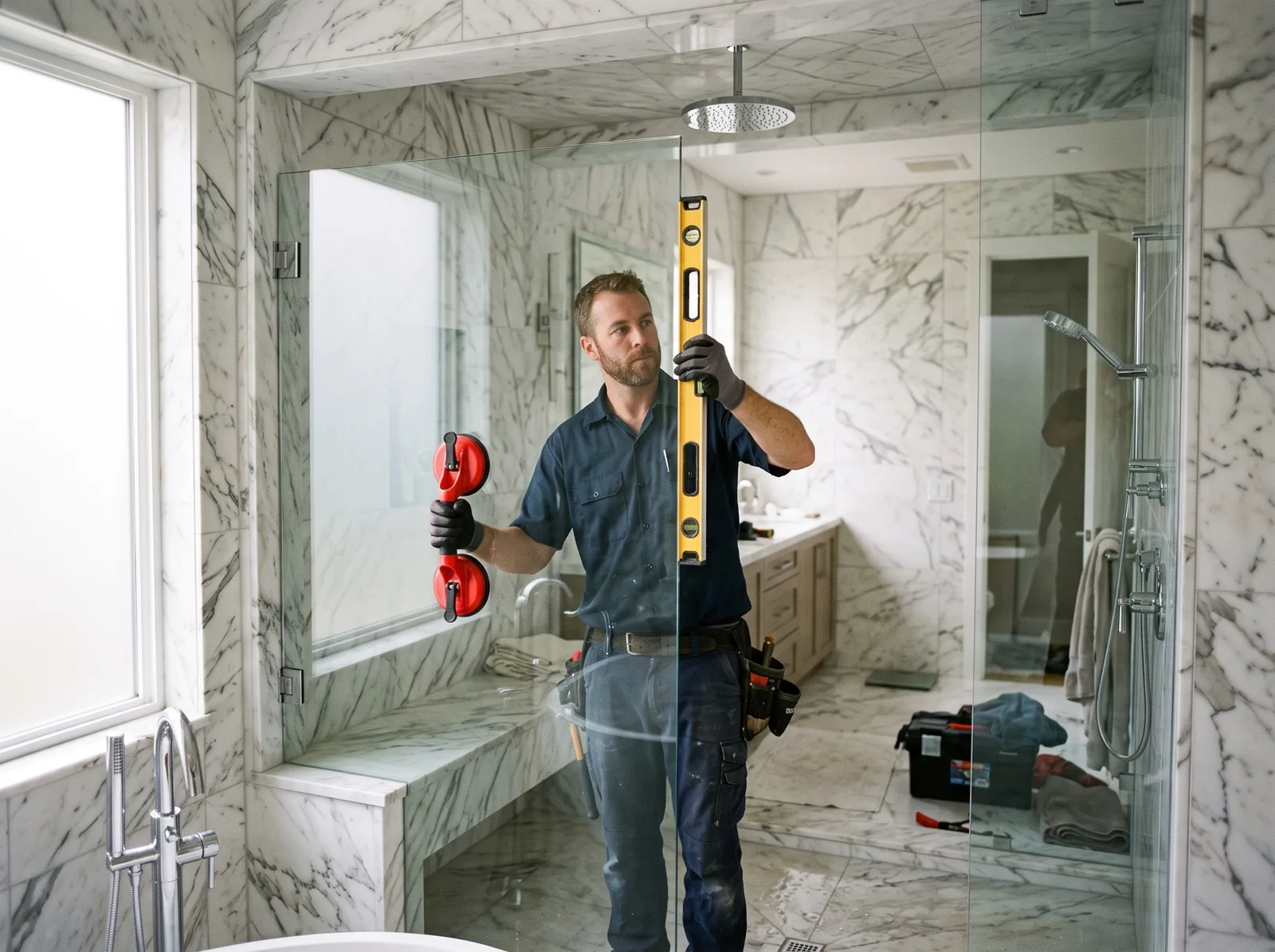 Installer fitting a frameless glass shower door