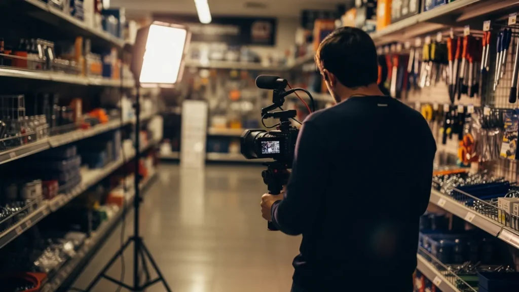 Videographer filming a product demonstration in a hardware store aisle