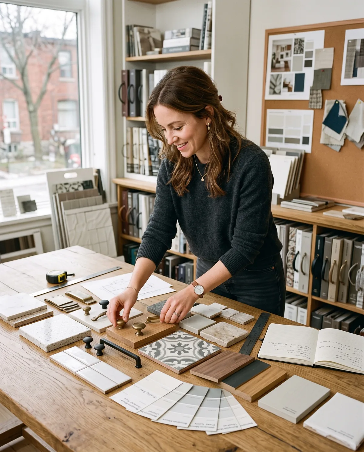 Interior designer arranging hardware, tile and paint samples for a client presentation