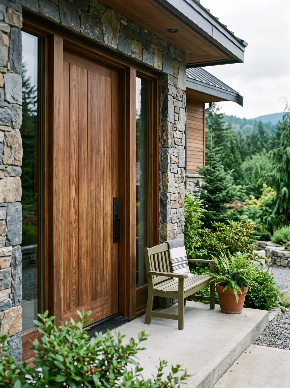Matte black handleset on a modern wood front door