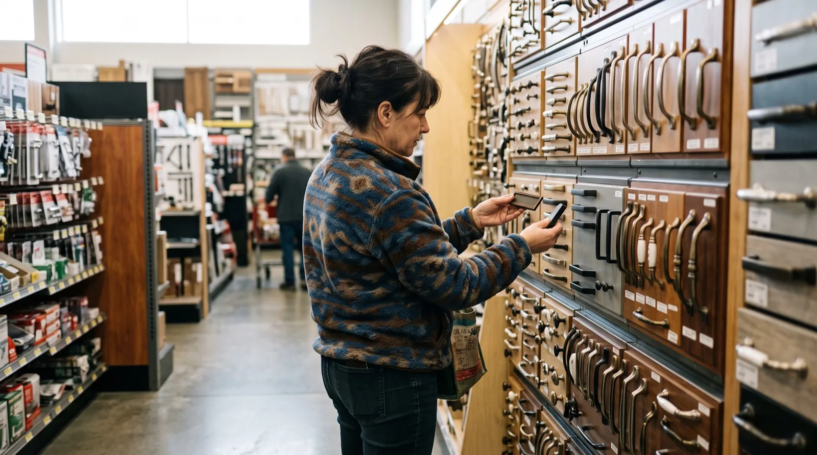 Retail aisle with a wall display of decorative hardware