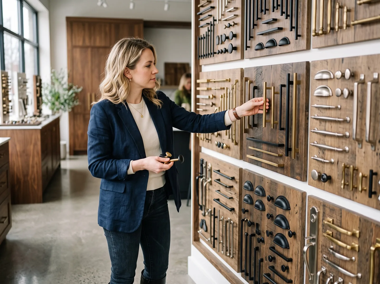 Interior designer selecting cabinet hardware finishes in a showroom