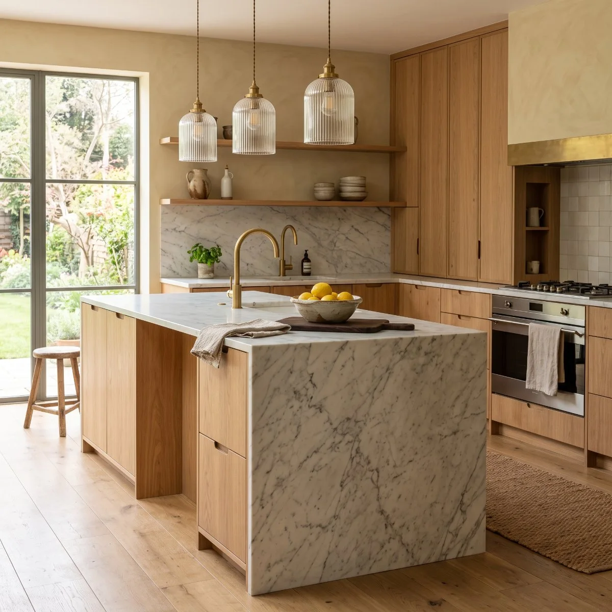 Custom kitchen with marble island and oak cabinets