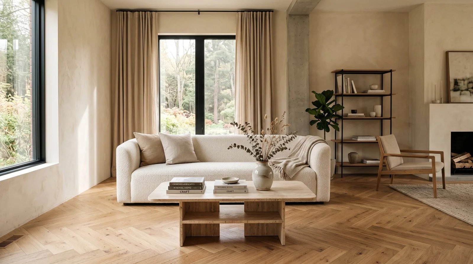 Serene living room with soft neutral furnishings and natural light