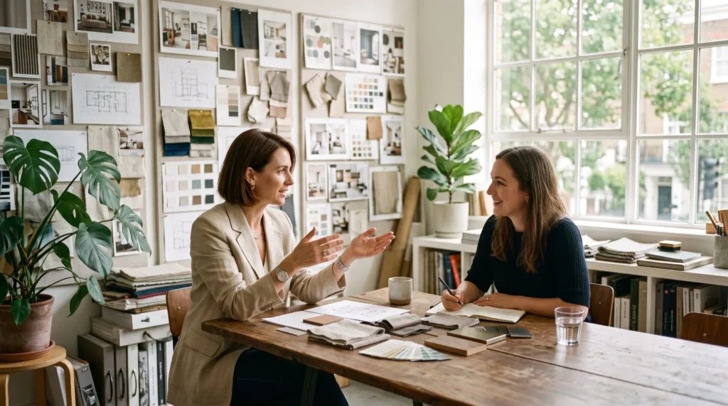 Two interior designers reviewing mood boards and samples in a bright design studio