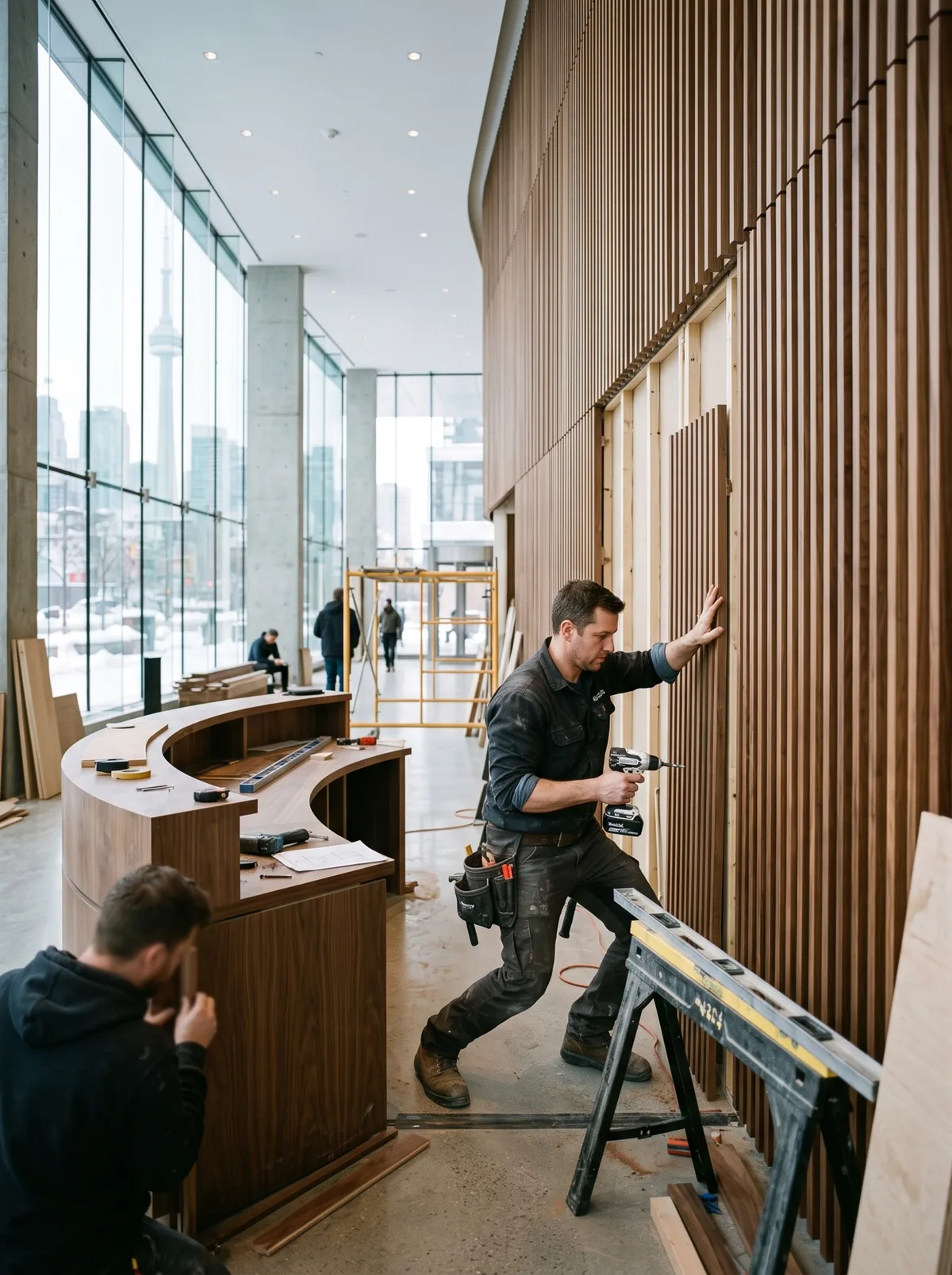 Architectural millwork reception desk being installed in an office lobby