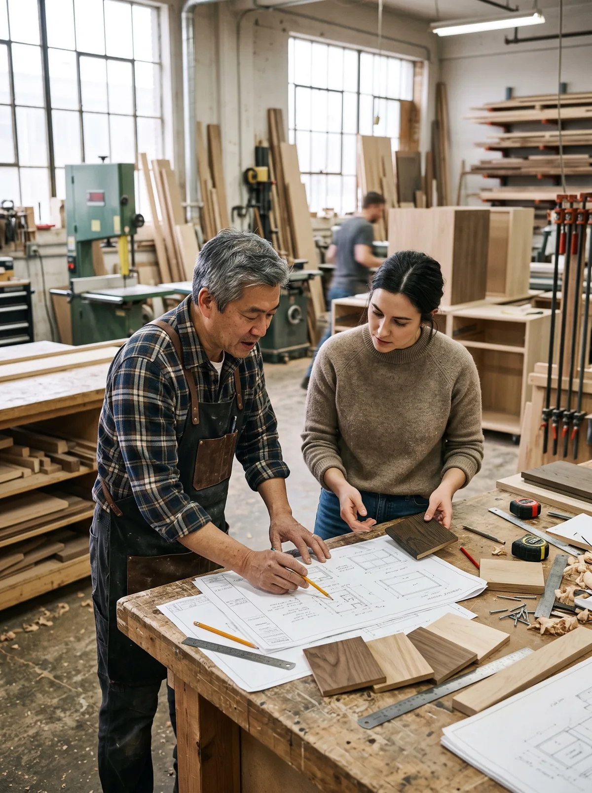 Cabinet shop owner reviewing shop drawings and finish samples with an interior designer