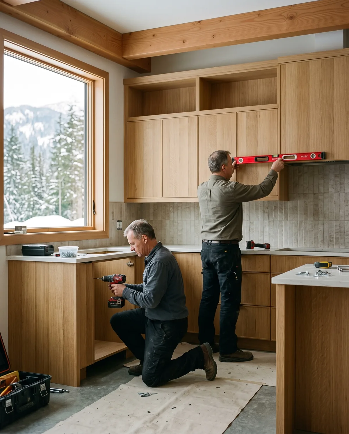 Installers fitting rift-cut white oak cabinetry in a Canadian kitchen