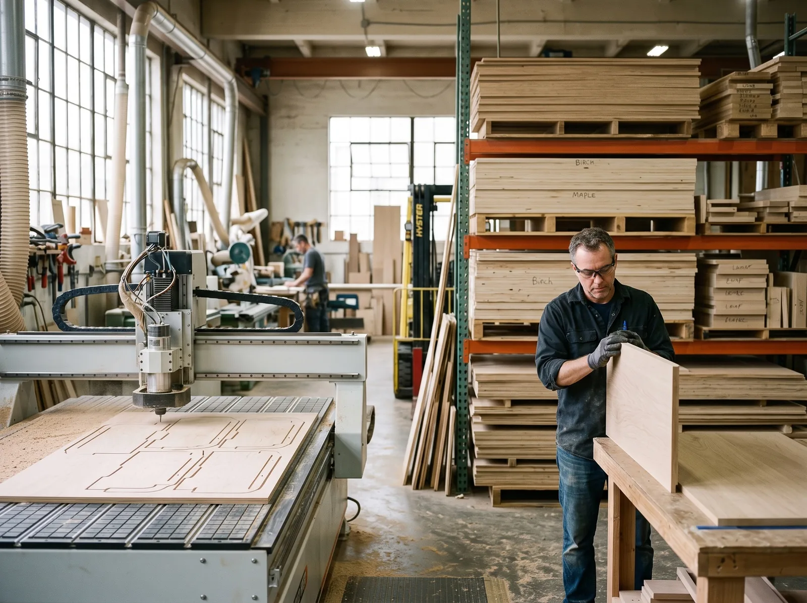 CNC router cutting cabinet panels in a custom millwork shop