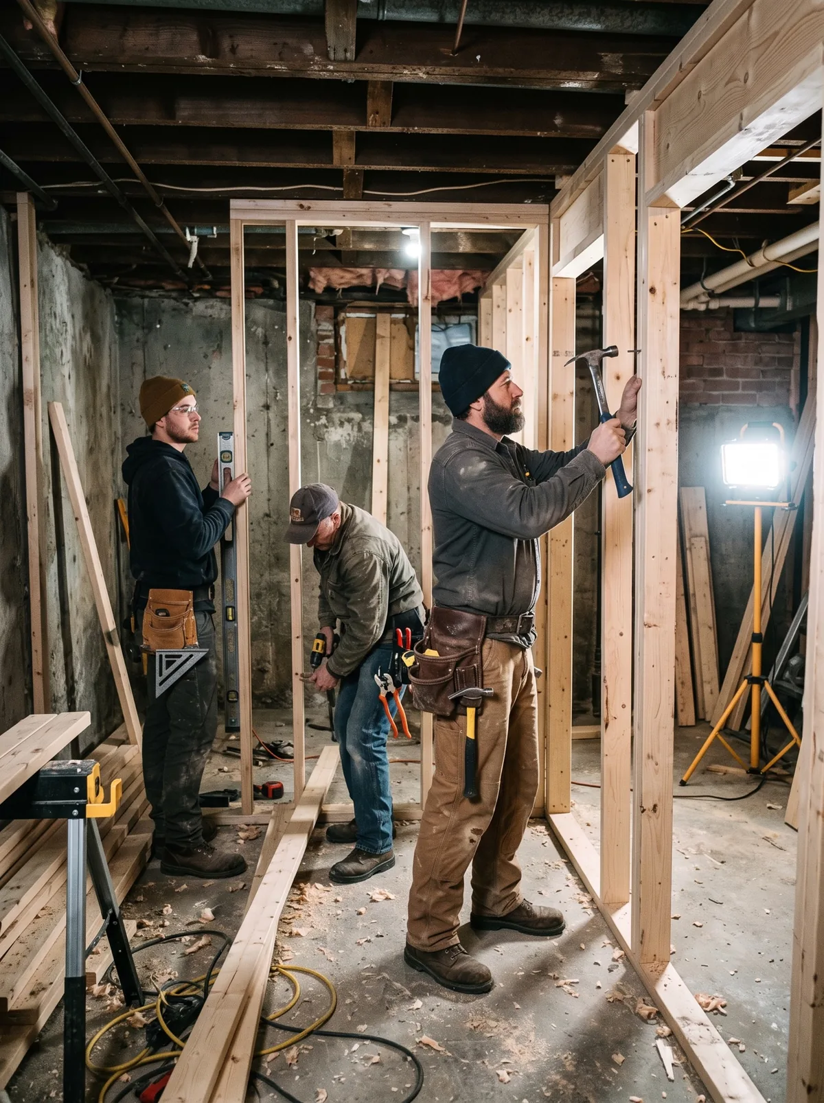 Renovation crew framing a basement in an older Toronto home