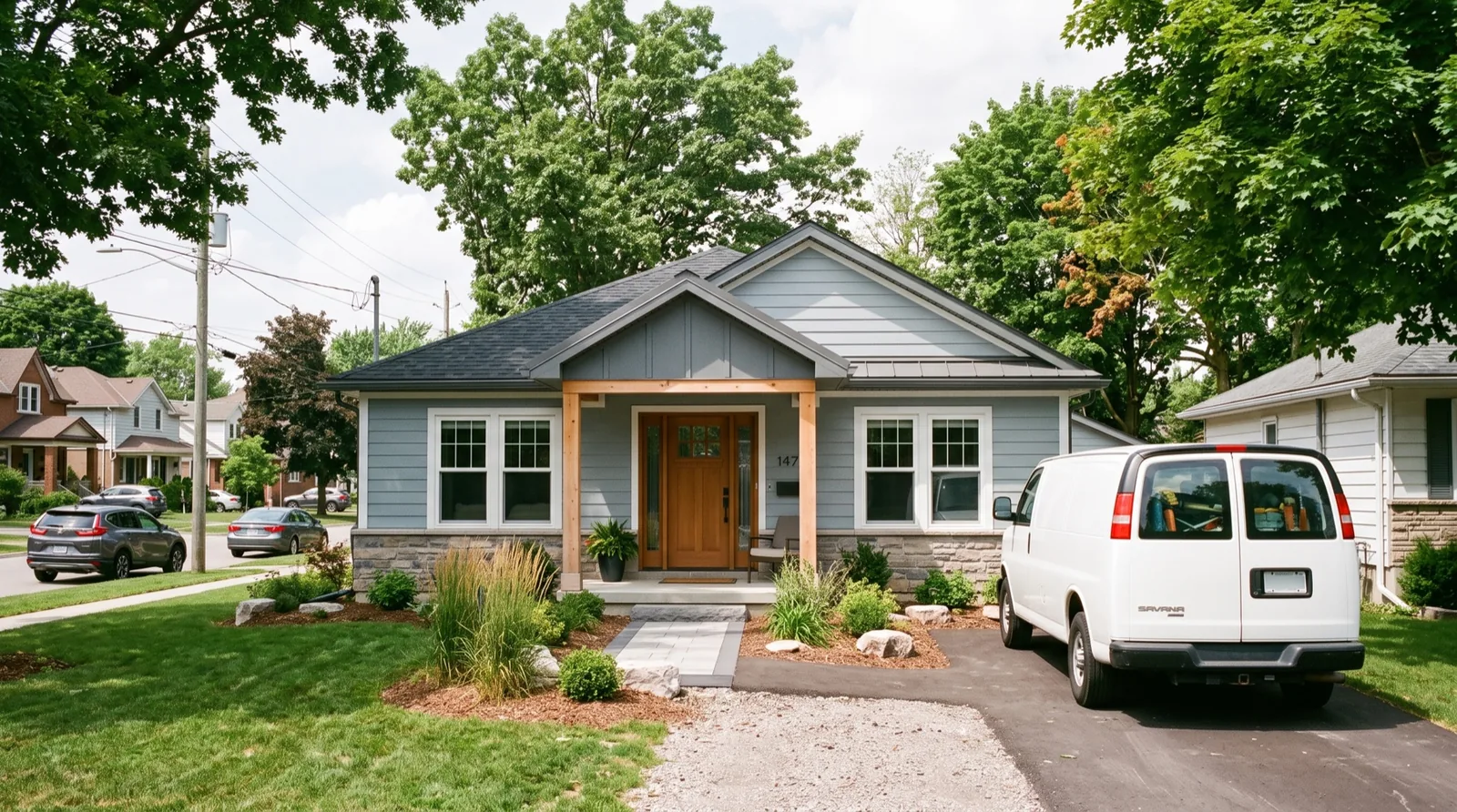 Renovated bungalow exterior with a contractor van in the driveway