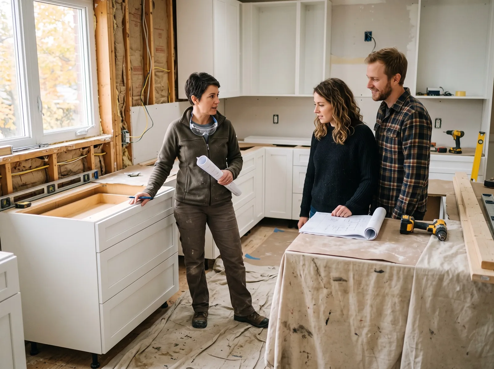 Renovation contractor and homeowners reviewing a kitchen in progress