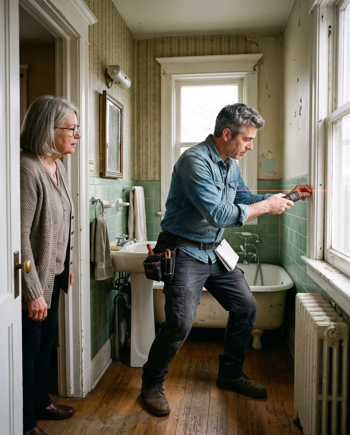 Renovation contractor measuring a bathroom while the homeowner watches