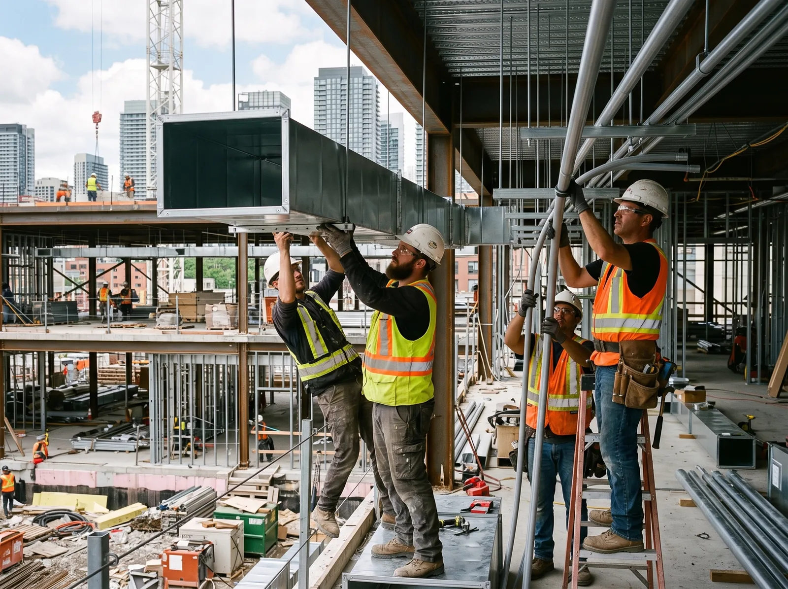 Mechanical and electrical crew installing ductwork and conduit