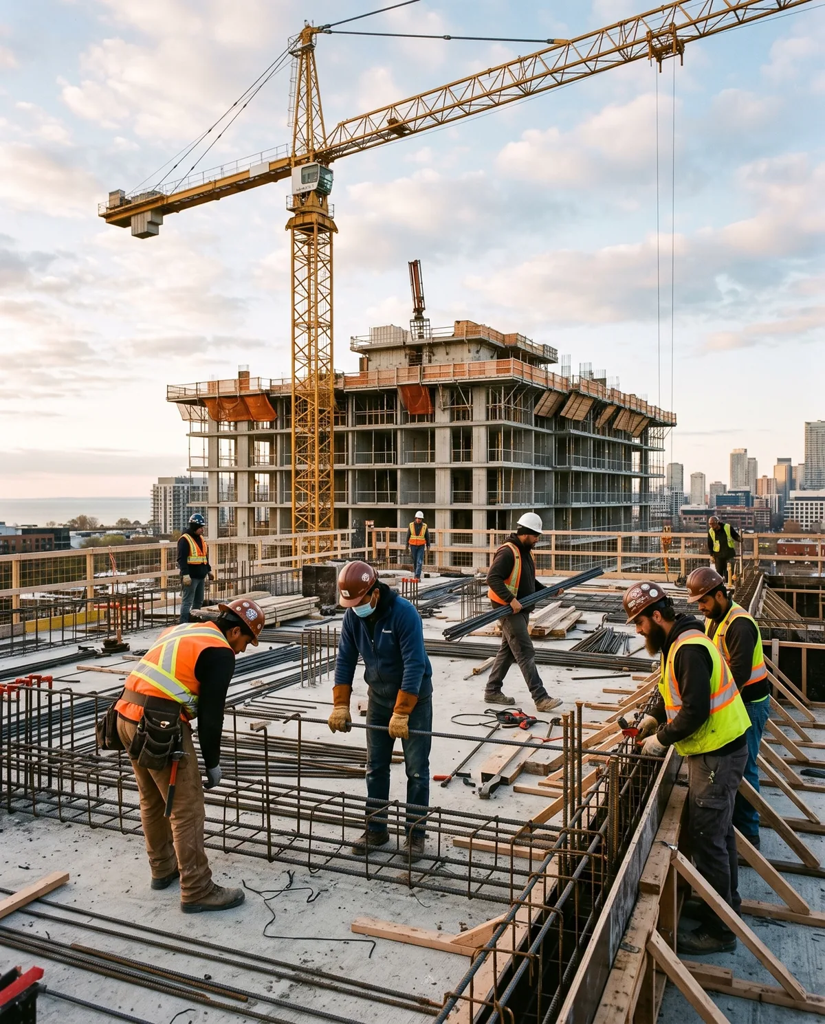 Concrete forming crew on a mid-rise site under a tower crane