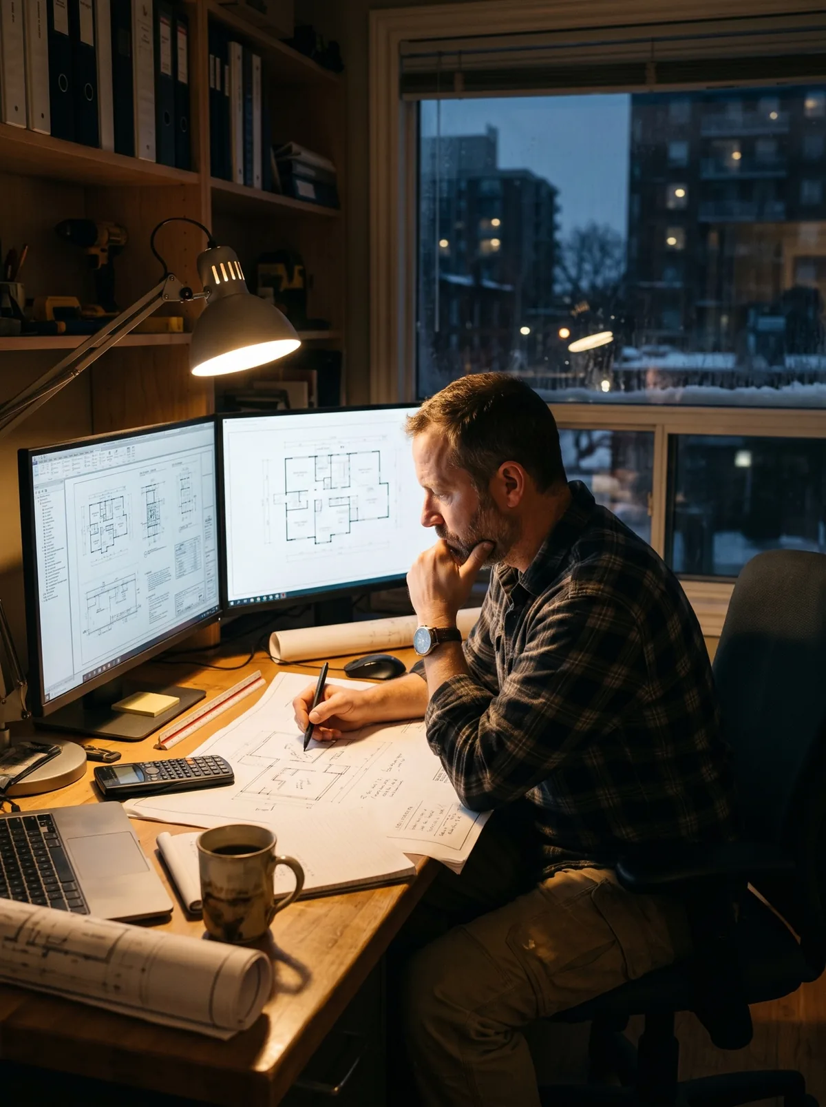 Trade contractor owner doing a takeoff at night in a small office