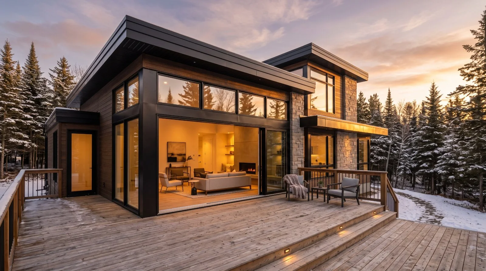A contemporary Canadian home with black-framed windows and a lift-and-slide door, the finished result of a specified, programmed and sold product