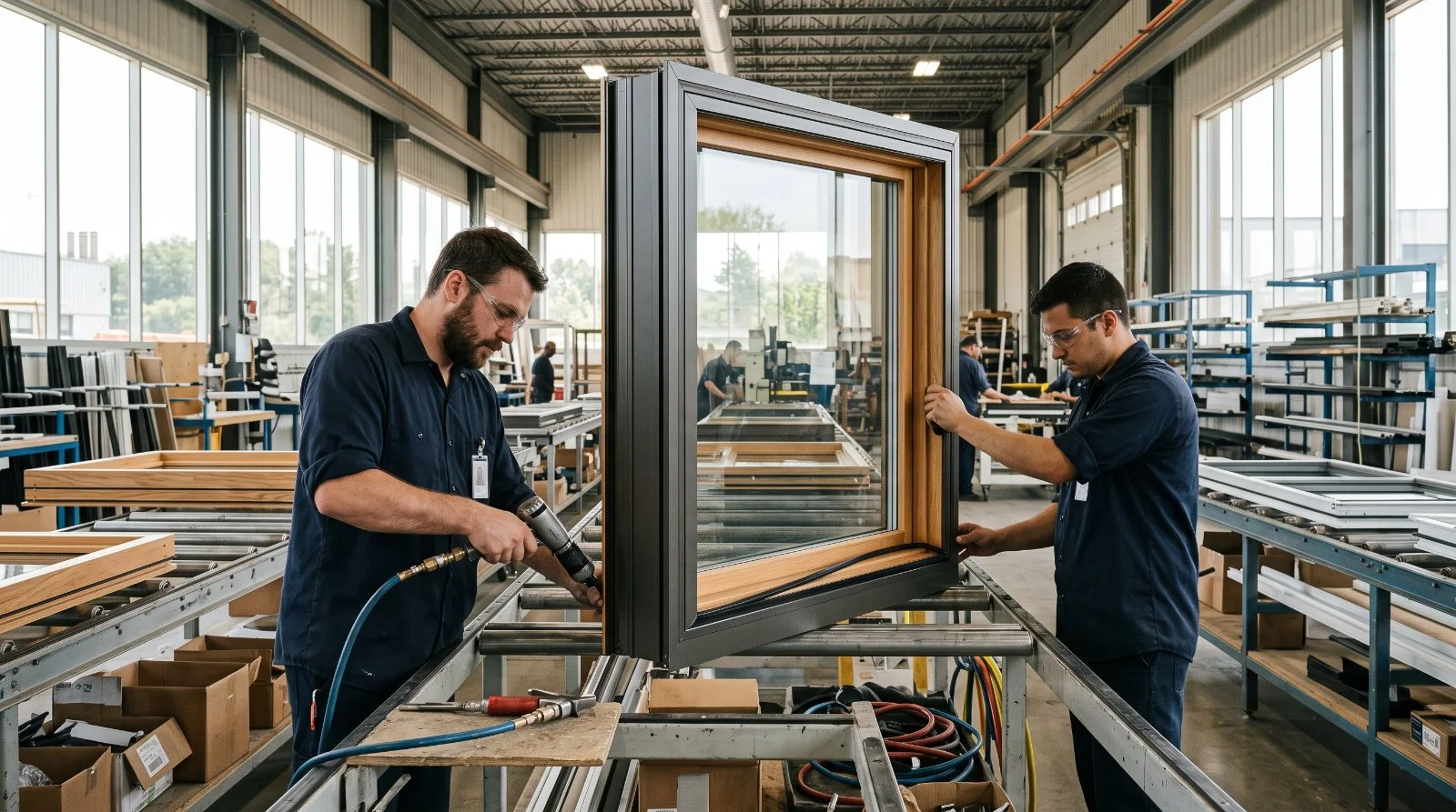Canadian window manufacturing plant floor with frames on the line