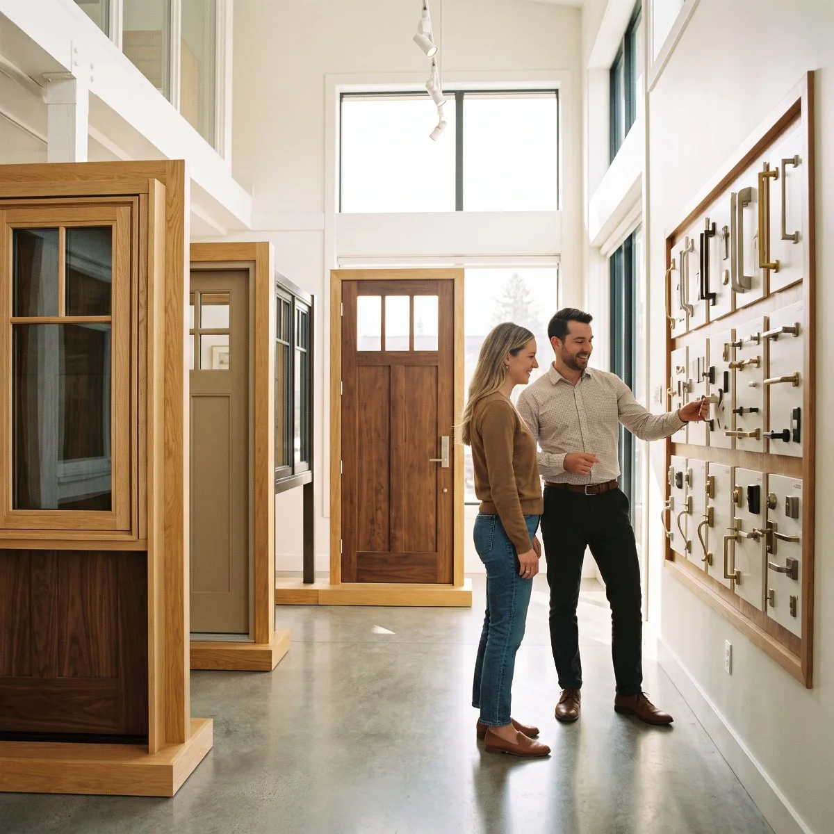 A window and door dealer showroom where a couple compares two units side by side