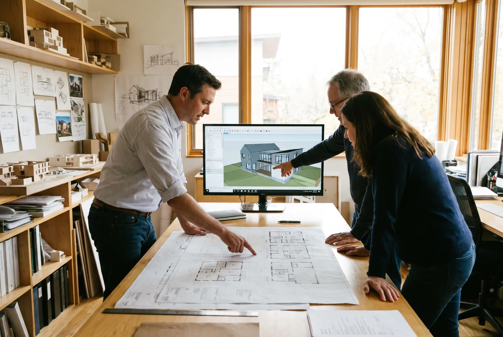 An architect walking a client through drawings