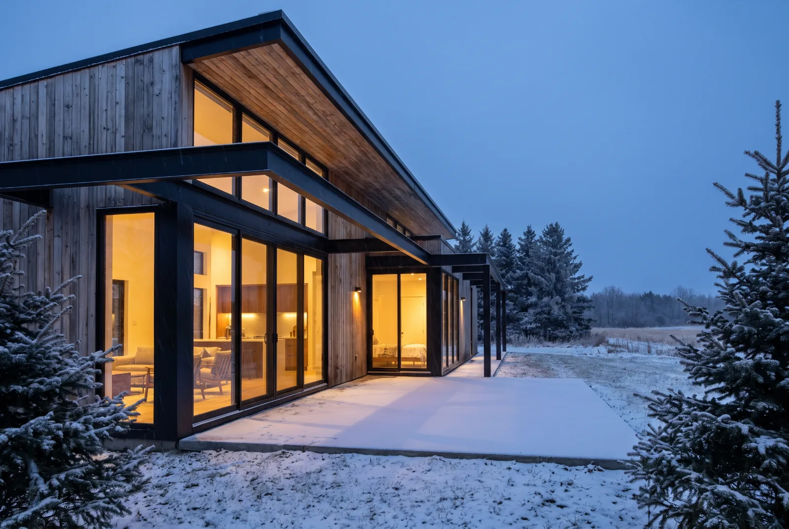 Modern timber and glass house lit at dusk in a snowy landscape