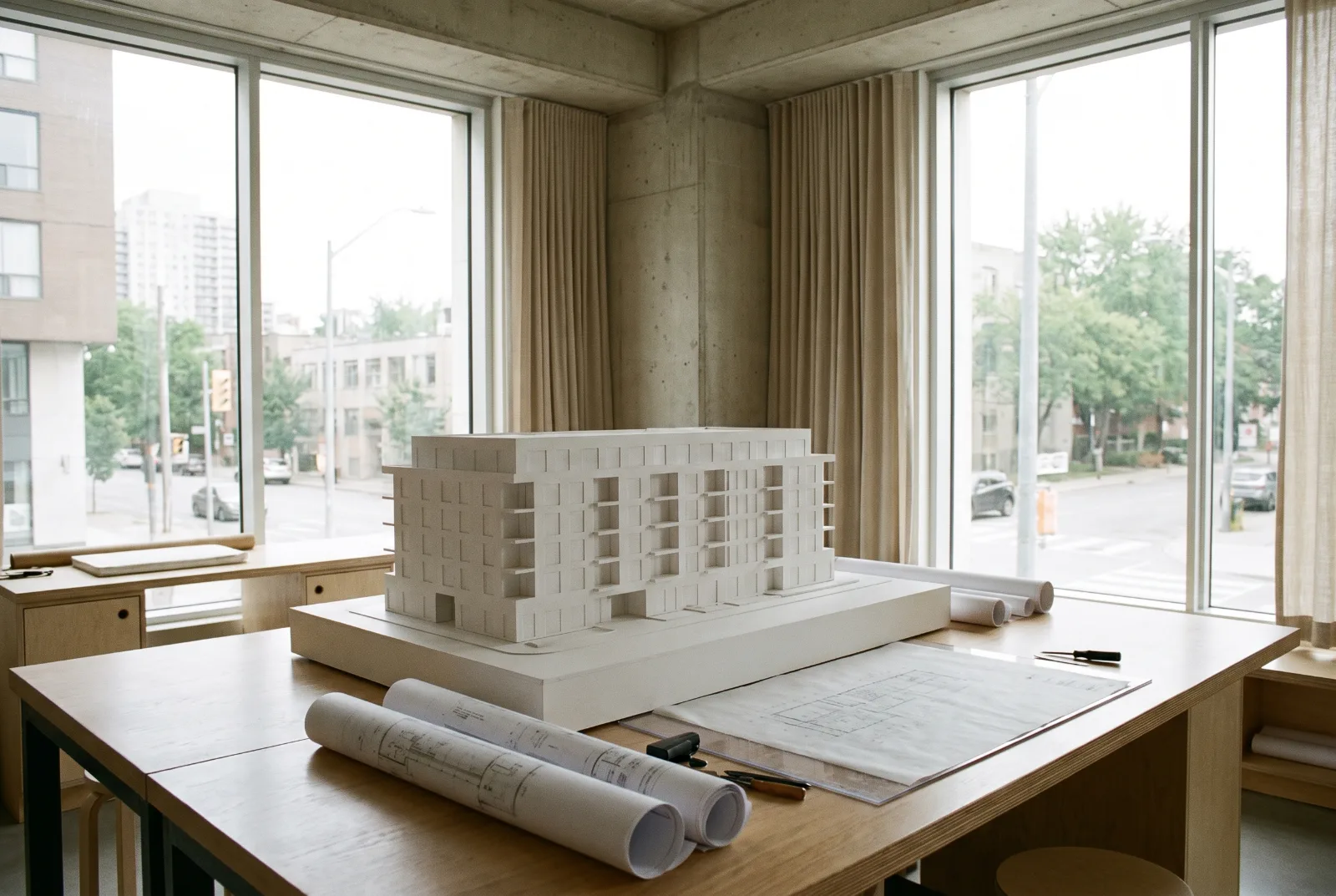 White architectural massing model of a mid-rise building