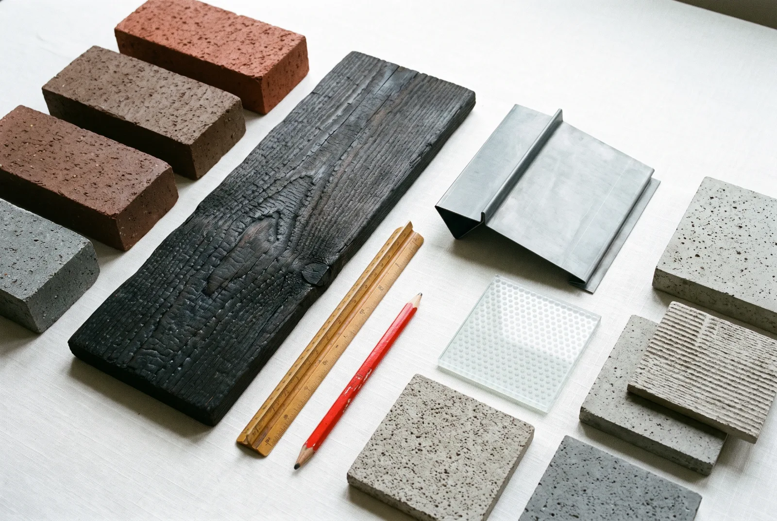 Architectural material samples: concrete, stone and timber on a desk