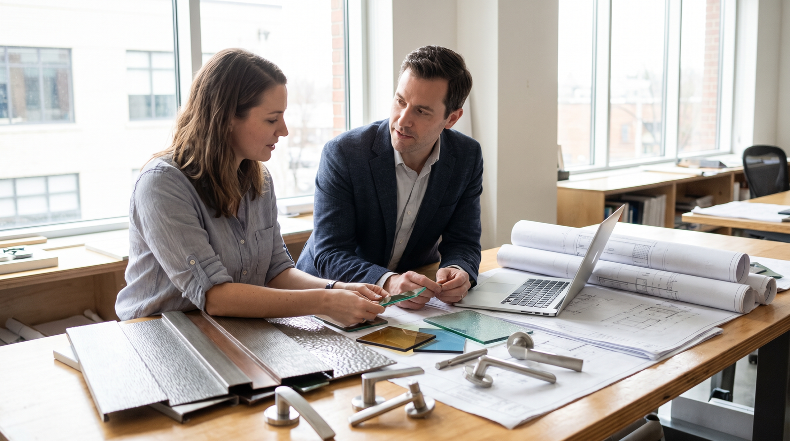 Architect and building products representative reviewing cladding, glass and hardware samples in a studio