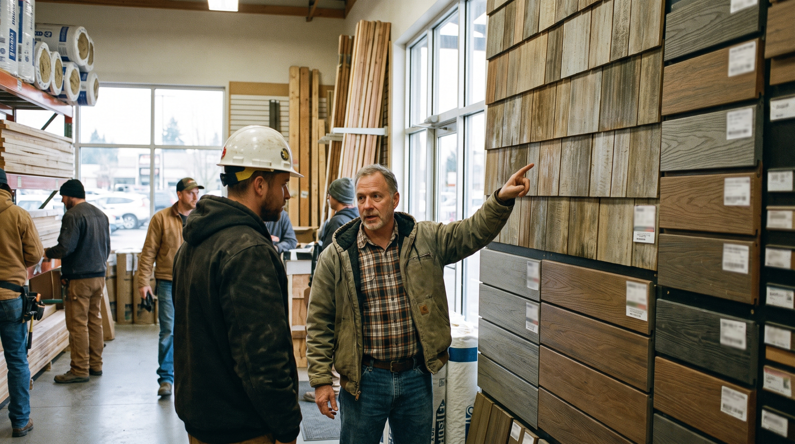Dealer employee showing a contractor siding and decking samples in a building products showroom